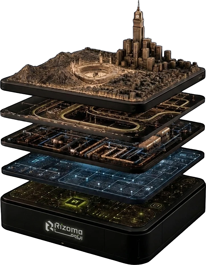 An exploded architectural render of the Rizoma stack — Makkah at the surface, transport and city systems below, compute and signal layers beneath, and the Rizoma logo on the deep-root compute base.