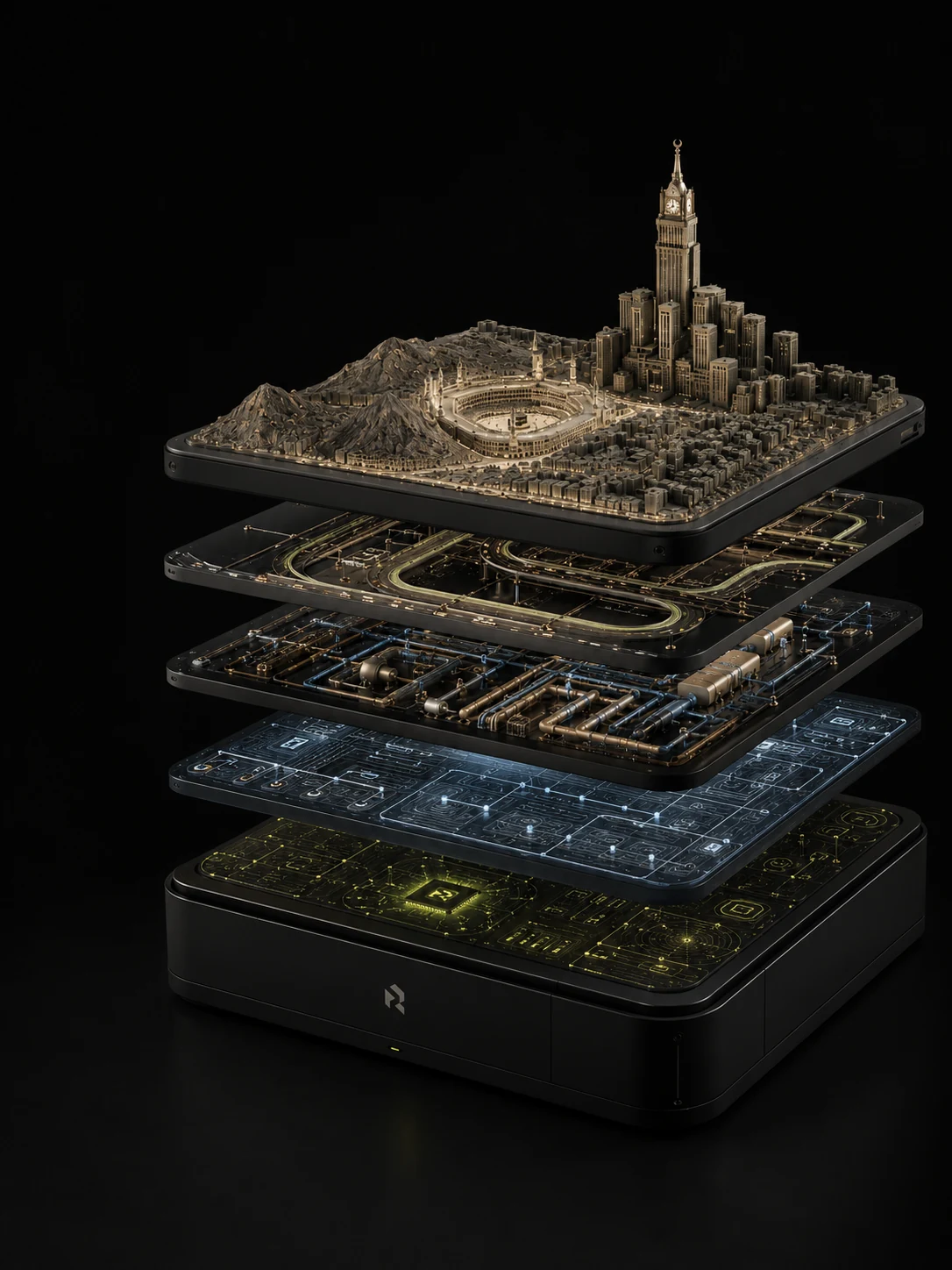An exploded architectural render of the Rizoma stack — Makkah at the surface, transport and city systems below, compute and signal layers beneath, the Rizoma R-mark at the deep root.