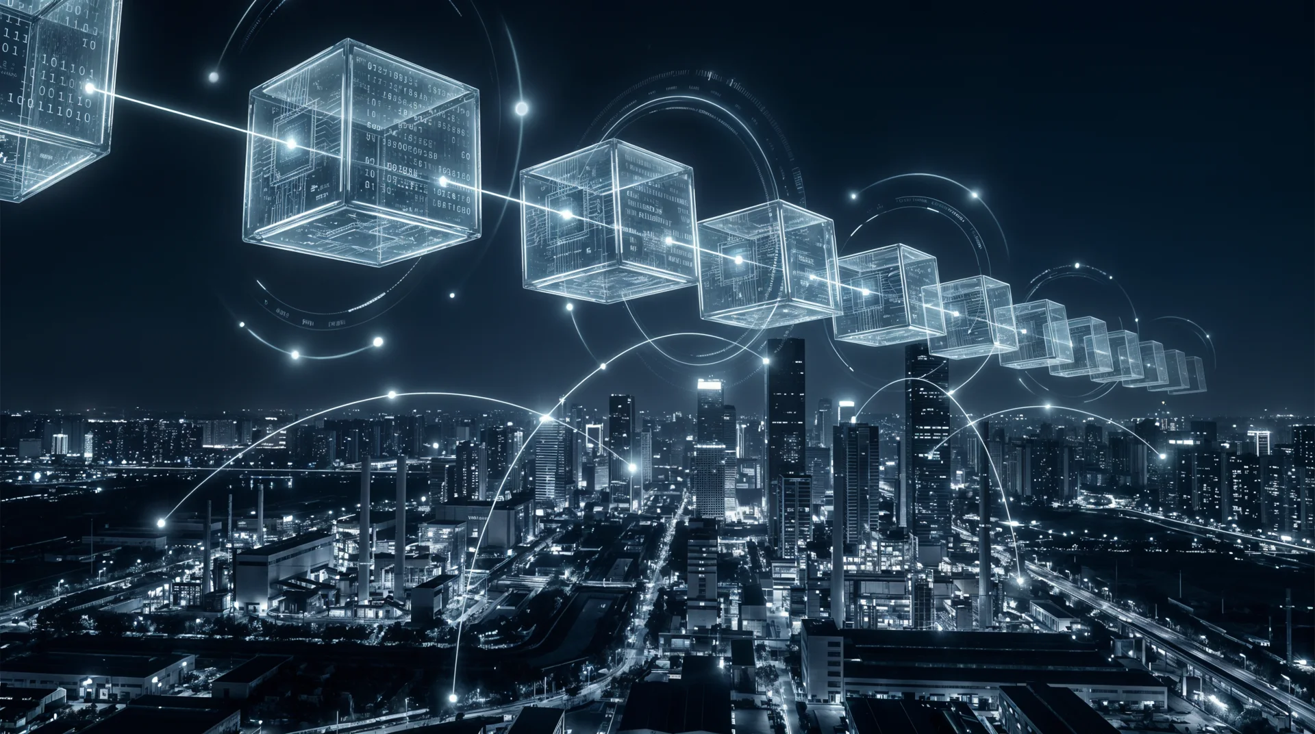 A chain of luminous linked blocks suspended above a city skyline at night: a distributed ledger over real infrastructure.
