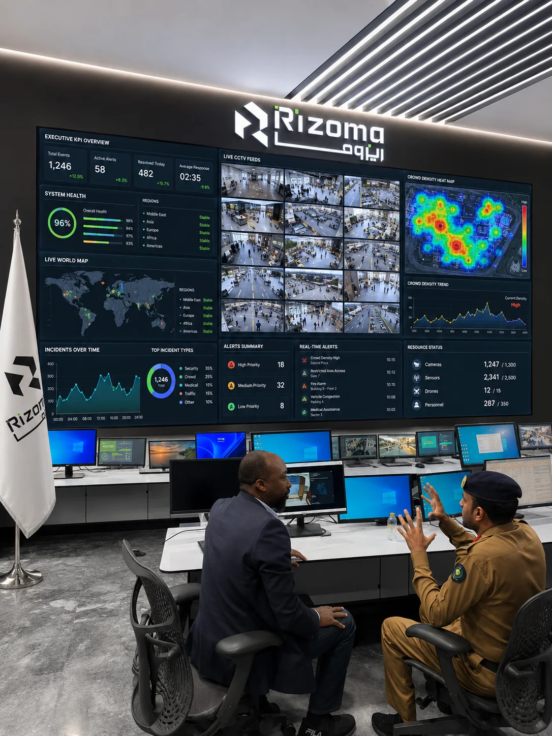 A Rizoma command centre: a large video wall with KPI, CCTV, crowd heat map and alert panels above rows of operator consoles.