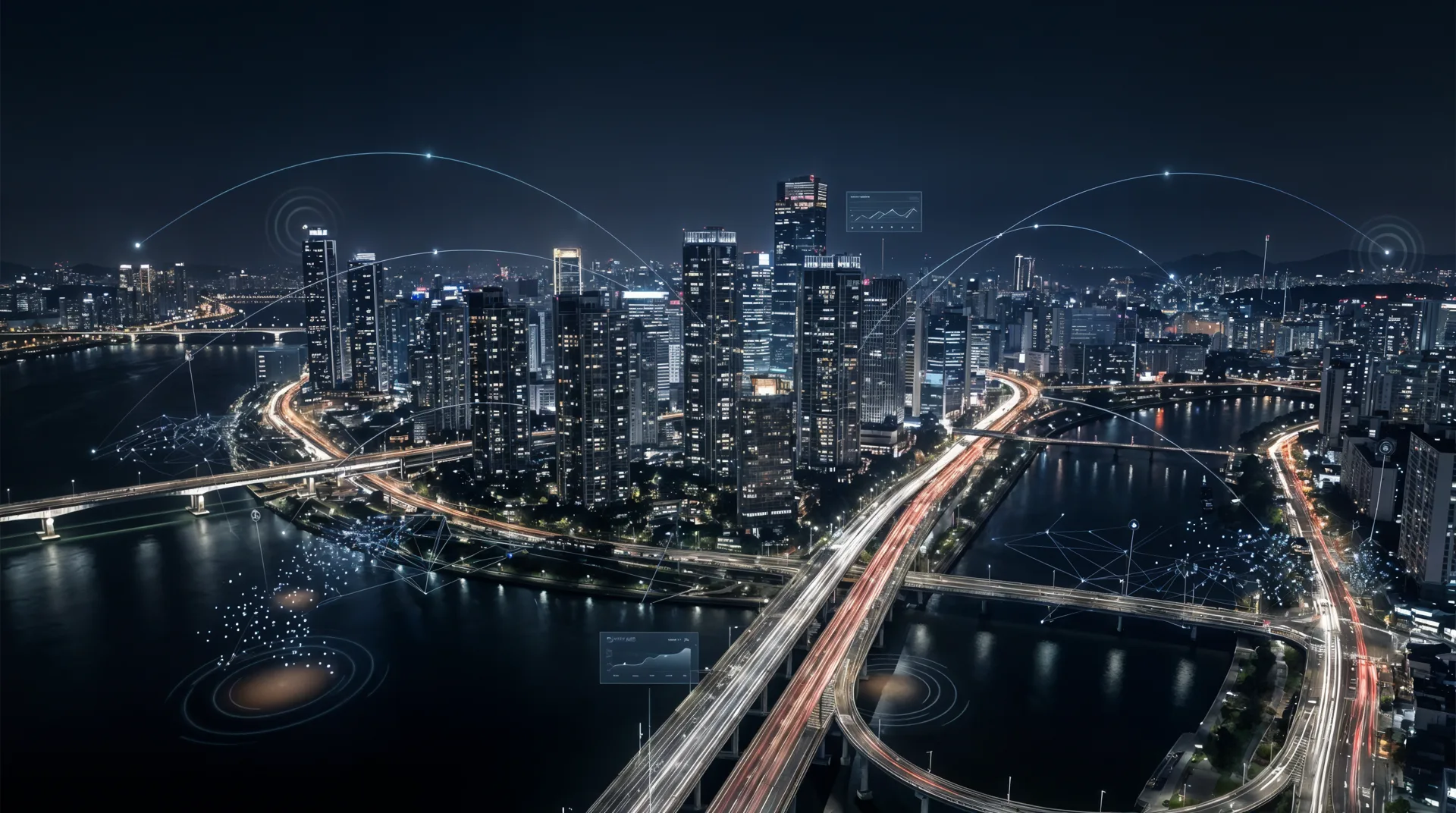 Night aerial of a waterfront city with WiqAIa network, flow and incident overlays mapped across the skyline and expressways.