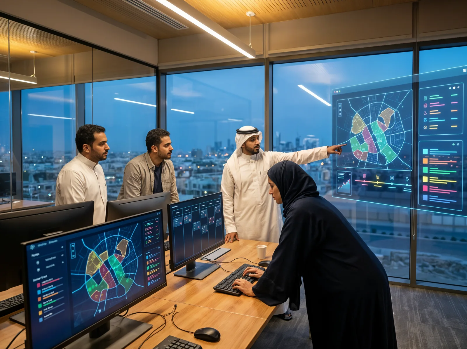 Rizoma engineers reviewing an operations platform on a large wall display in a Saudi office at dusk.